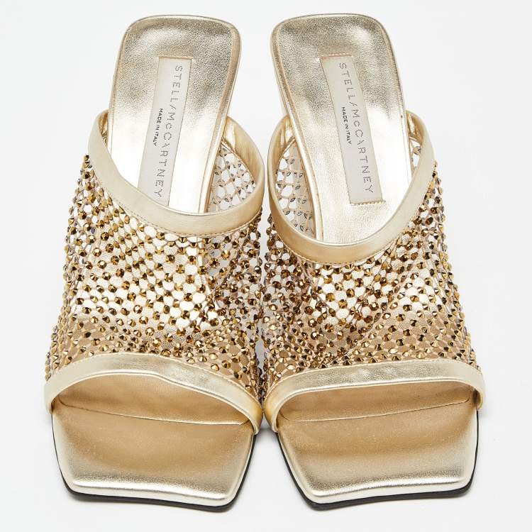 Pre Owned Stella McCartney Gold Faux Leather Crystal Embellished Slide Sandals Size 38