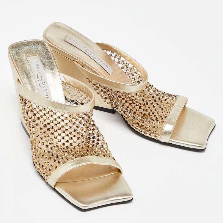 Pre Owned Stella McCartney Gold Faux Leather Crystal Embellished Slide Sandals Size 38