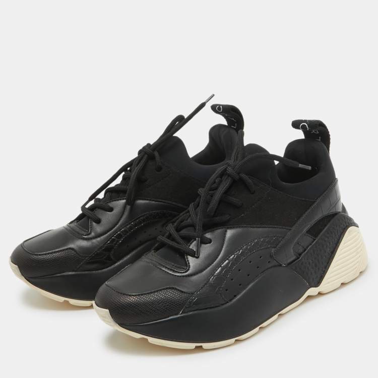 Pre Owned Stella McCartney Black Faux Leather and Neoprene Eclypse Sneakers Size 35