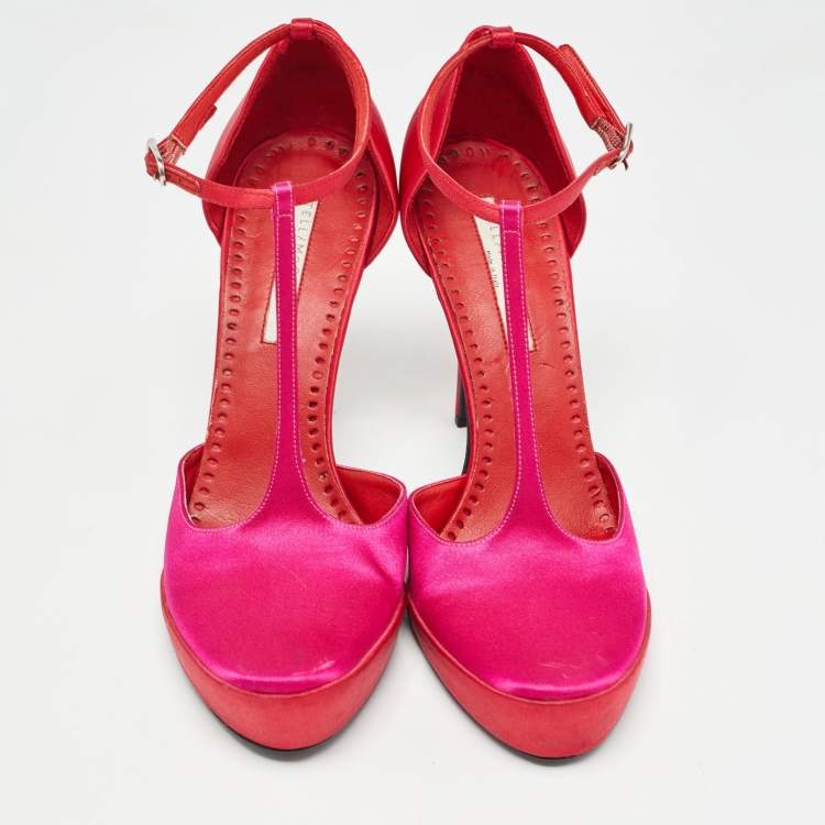 Pre Owned Stella McCartney Pink/Red Satin T-Bar Ankle Strap Pumps Size 38