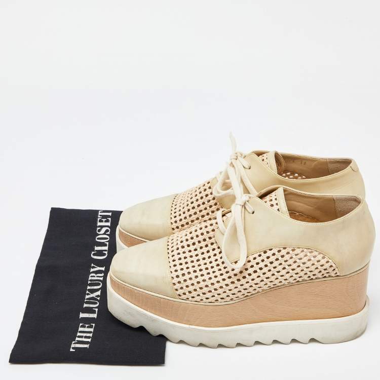 Pre Owned Stella McCartney Two Tone Beige Woven Faux Leather  Elyse Platform Derby Sneakers Size 38