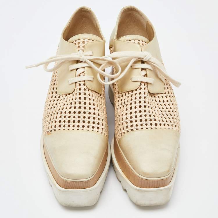Pre Owned Stella McCartney Two Tone Beige Woven Faux Leather  Elyse Platform Derby Sneakers Size 38