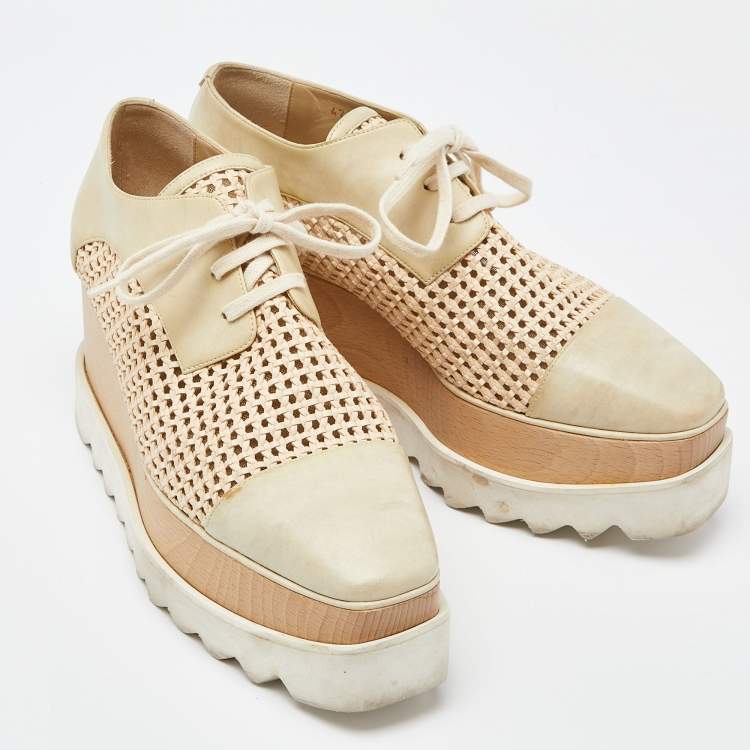 Pre Owned Stella McCartney Two Tone Beige Woven Faux Leather  Elyse Platform Derby Sneakers Size 38