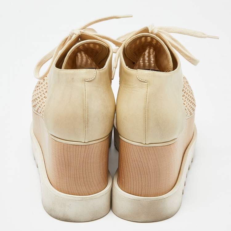 Pre Owned Stella McCartney Two Tone Beige Woven Faux Leather  Elyse Platform Derby Sneakers Size 38