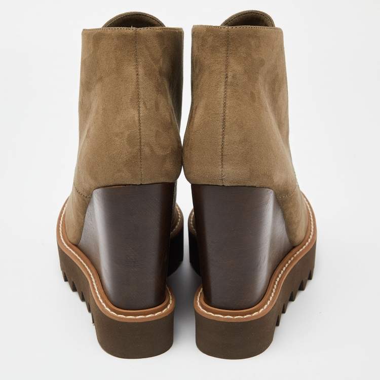 Pre Owned Stella McCartney Olive Green Faux Suede Leana Wedge Boots Size 39
