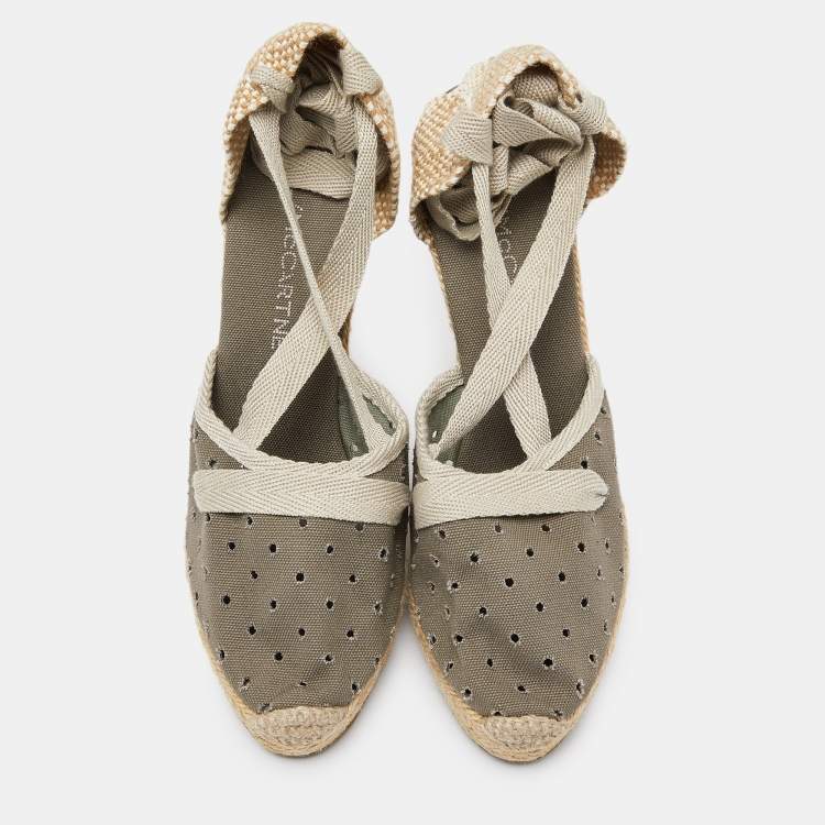 Pre Owned Stella McCartney Grey Fabric and Canvas Ankle Wrap Wedge Pumps Size 39