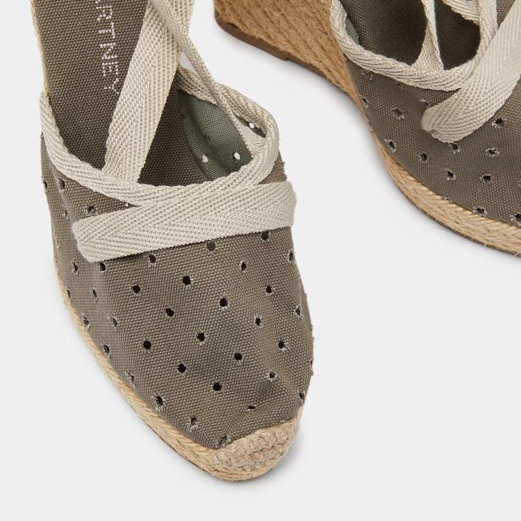 Pre Owned Stella McCartney Grey Fabric and Canvas Ankle Wrap Wedge Pumps Size 39