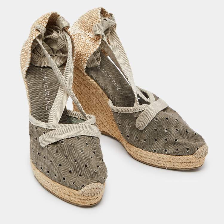 Pre Owned Stella McCartney Grey Fabric and Canvas Ankle Wrap Wedge Pumps Size 39
