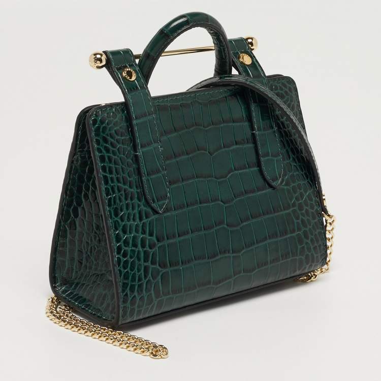 Pre Owned Strathberry Midi Nano Green Croc Embossed Leather Tote