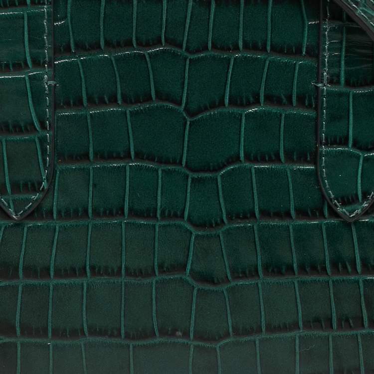 Pre Owned Strathberry Midi Nano Green Croc Embossed Leather Tote