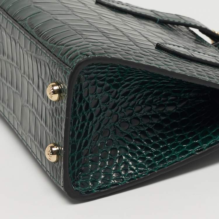 Pre Owned Strathberry Midi Nano Green Croc Embossed Leather Tote