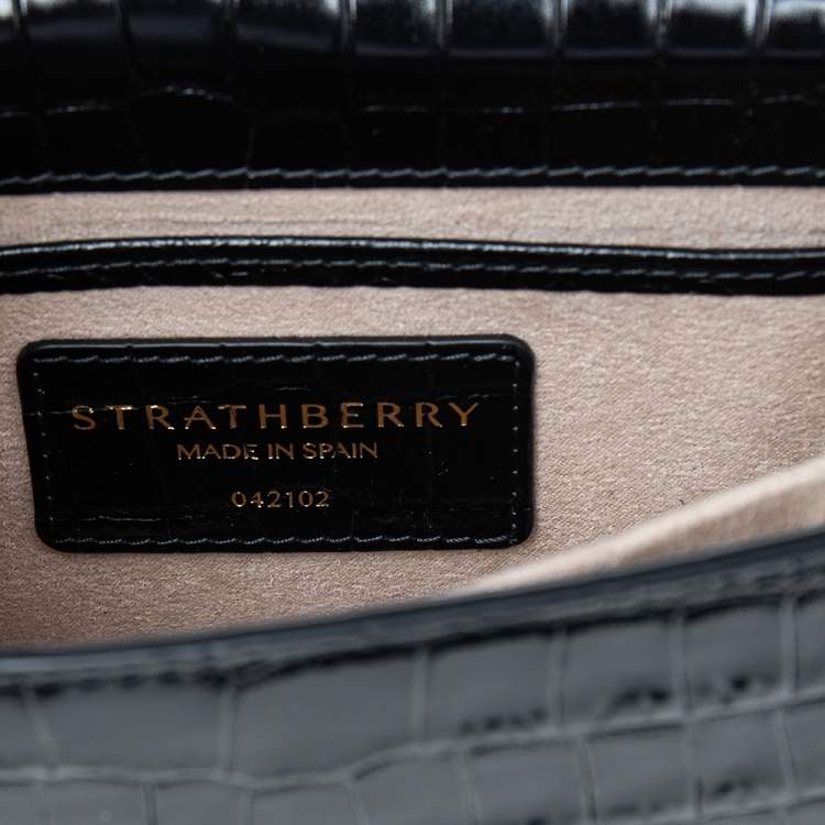 Pre Owned Strathberry Black Croc Embossed Leather Mini East/West Crossbody Bag