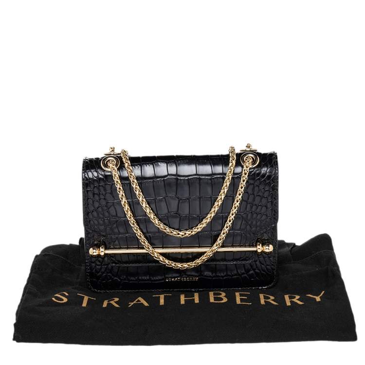 Pre Owned Strathberry Black Croc Embossed Leather Mini East/West Crossbody Bag