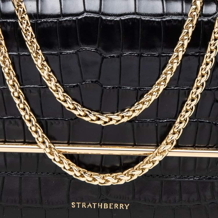 Pre Owned Strathberry Black Croc Embossed Leather Mini East/West Crossbody Bag