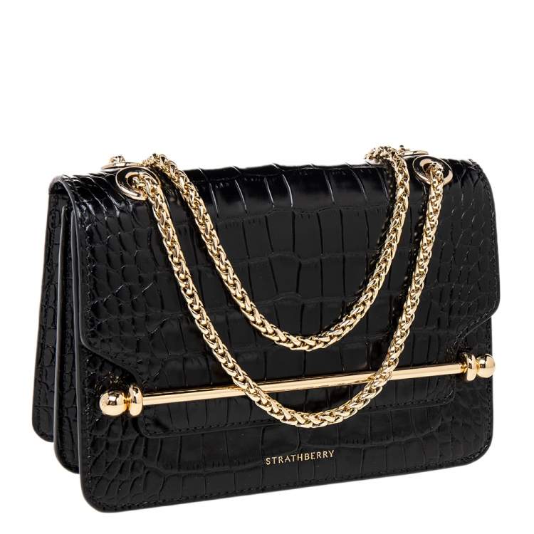 Pre Owned Strathberry Black Croc Embossed Leather Mini East/West Crossbody Bag