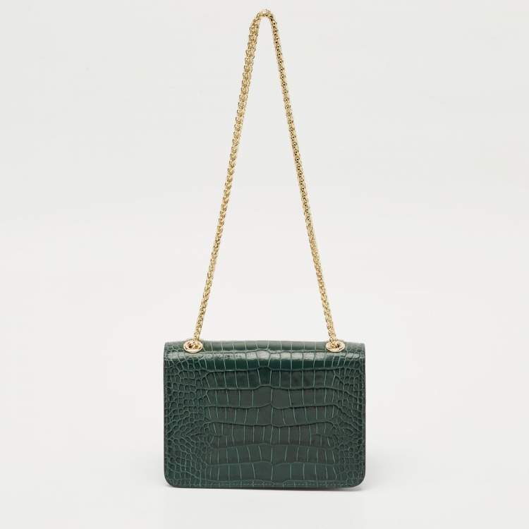 Pre Owned Strathberry Green Croc Embossed Leather East/West Mini Shoulder Bag