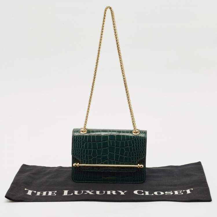 Pre Owned Strathberry Green Croc Embossed Leather East/West Mini Shoulder Bag