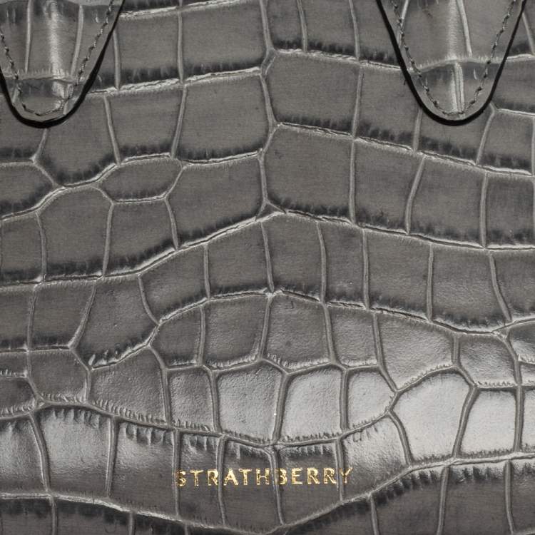 Pre Owned Strathberry Grey Croc Embossed Leather Nano Tote Shoulder Bag