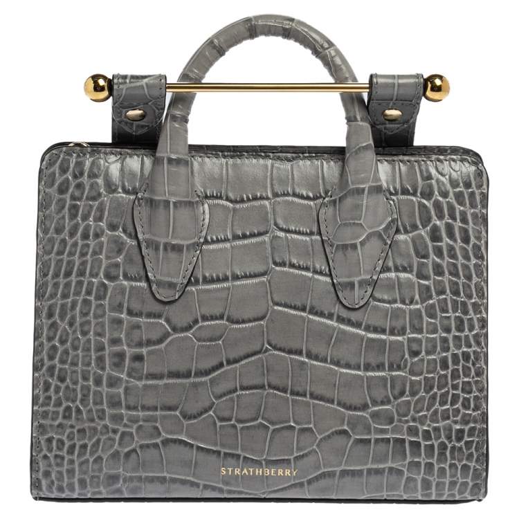 Pre Owned Strathberry Grey Croc Embossed Leather Nano Tote Shoulder Bag