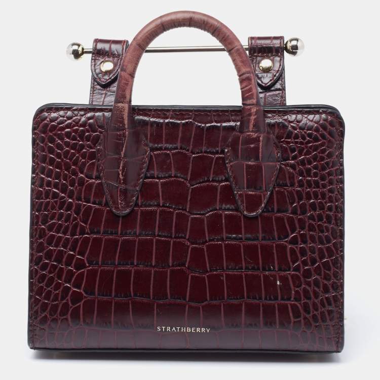 Pre Owned Strathberry Burgundy Croc Embossed Leather Nano Midi Tote