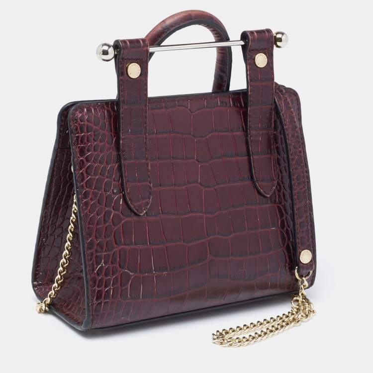 Pre Owned Strathberry Burgundy Croc Embossed Leather Nano Midi Tote