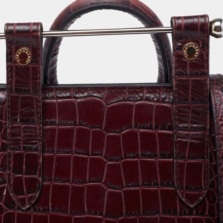 Pre Owned Strathberry Burgundy Croc Embossed Leather Nano Midi Tote