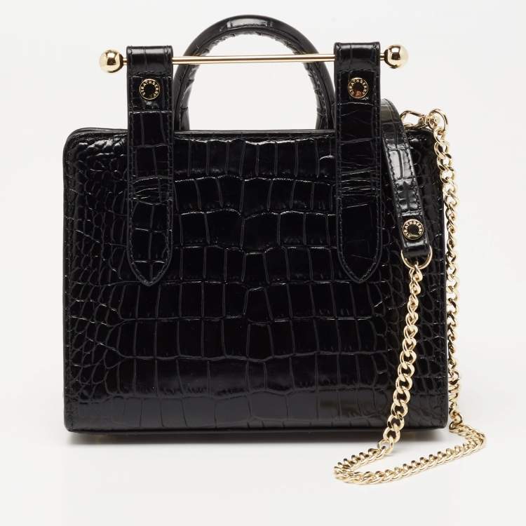 Pre Owned Strathberry Black Croc Embossed Leather Nano Tote