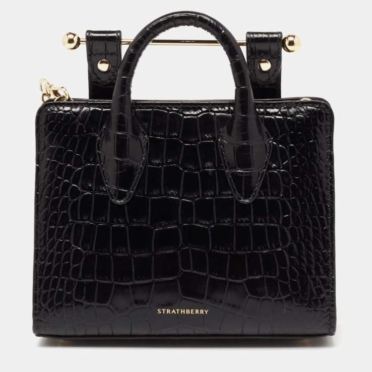 Pre Owned Strathberry Black Croc Embossed Leather Nano Tote