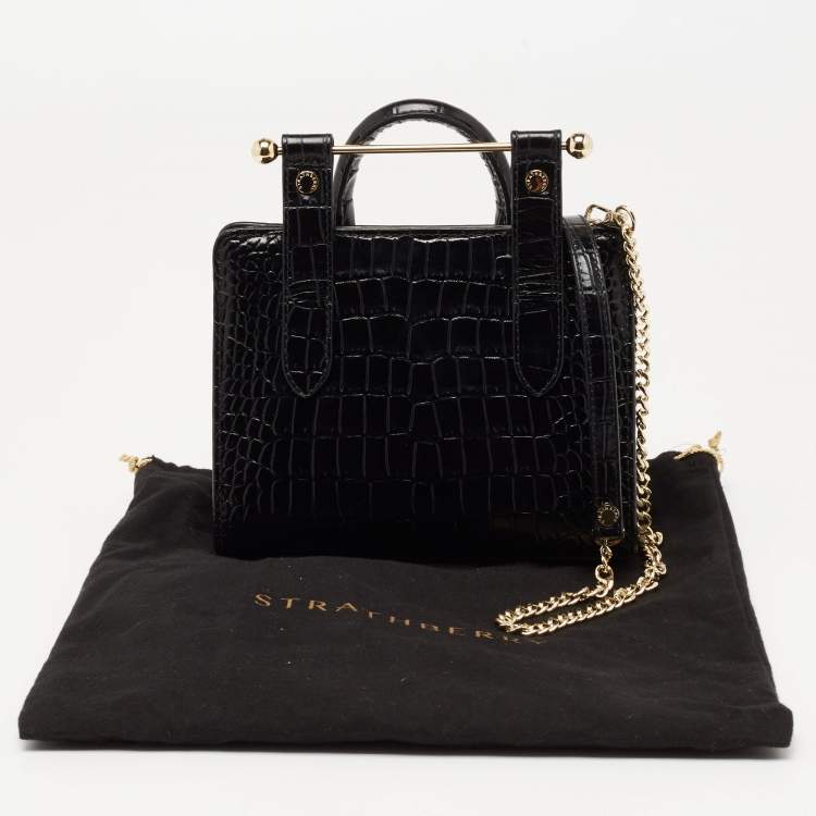 Pre Owned Strathberry Black Croc Embossed Leather Nano Tote