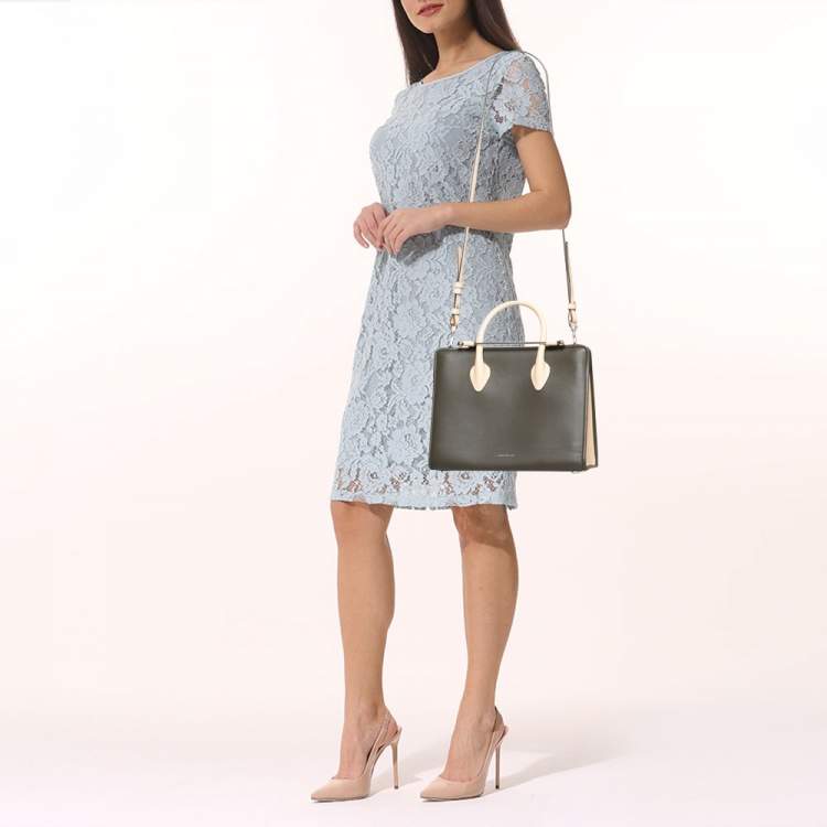 The Strathberry Midi Tote - Top Handle Leather Tote Bag - Grey / Navy