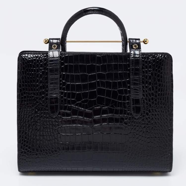 Pre Owned Strathberry Black Croc Embossed Leather Midi Tote 