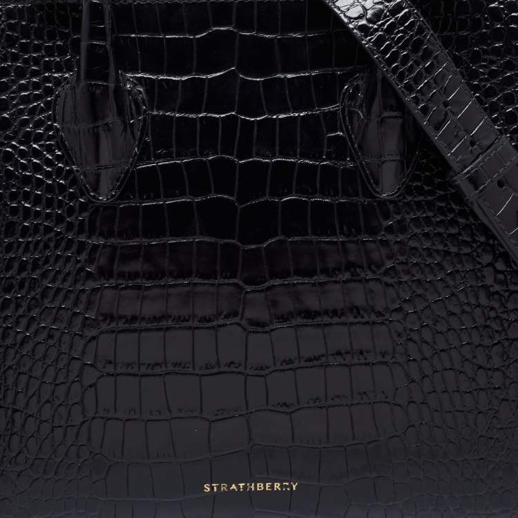 Pre Owned Strathberry Black Croc Embossed Leather Midi Tote 