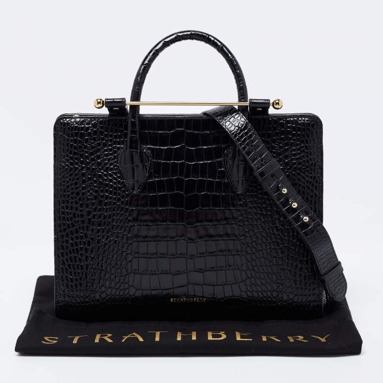 Pre Owned Strathberry Black Croc Embossed Leather Midi Tote 