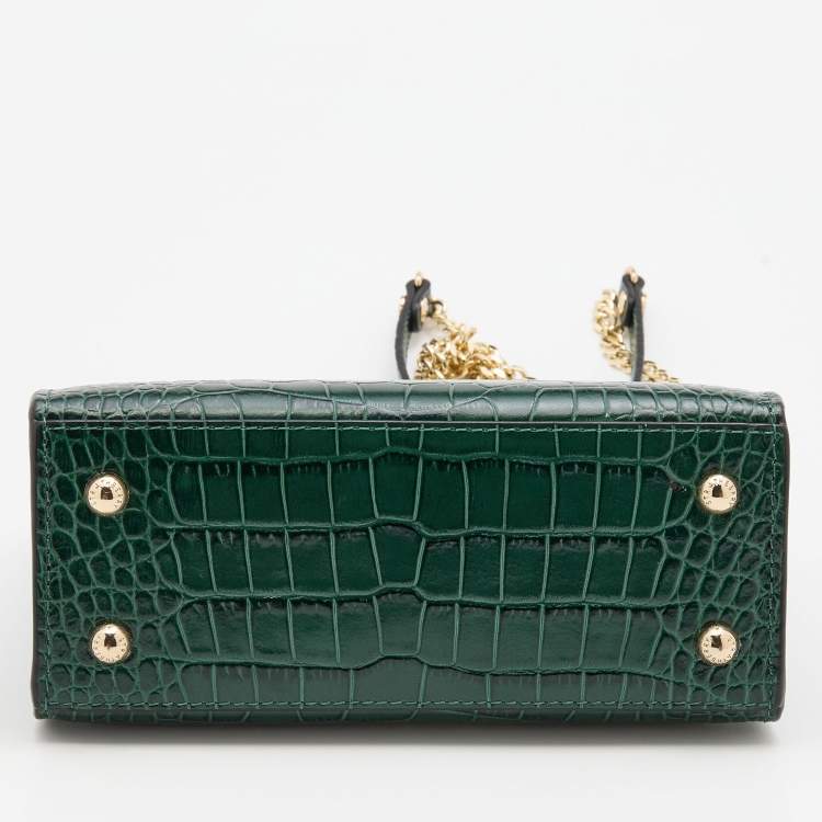 Pre Owned Strathberry Green Croc Embossed Leather Nano Midi Tote