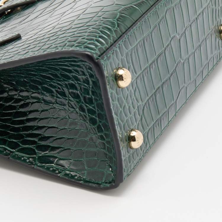 Pre Owned Strathberry Green Croc Embossed Leather Nano Midi Tote