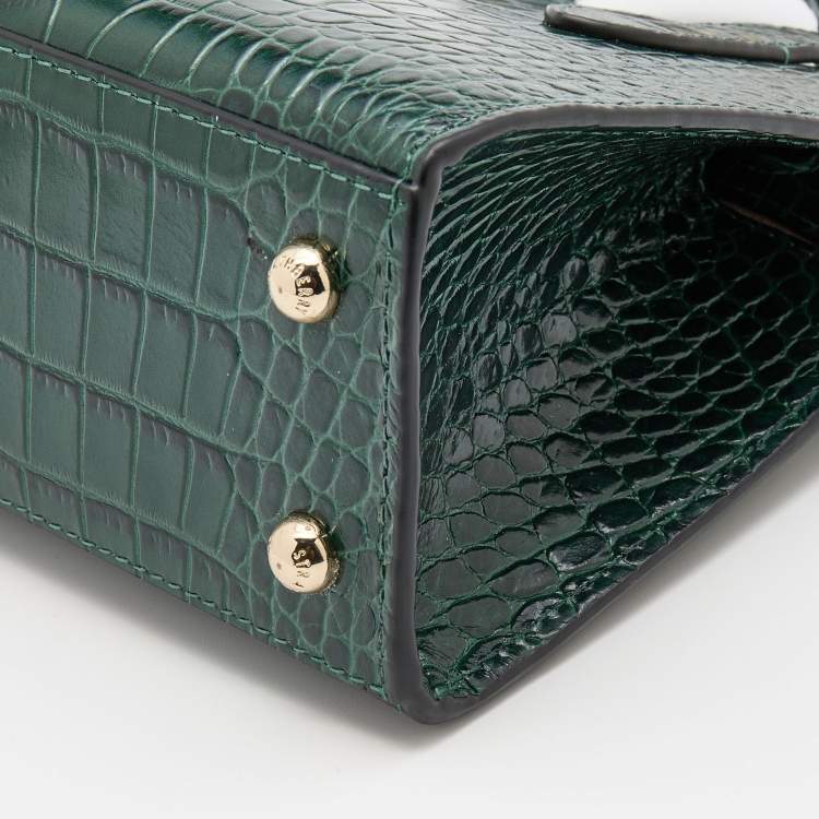 Pre Owned Strathberry Green Croc Embossed Leather Nano Midi Tote