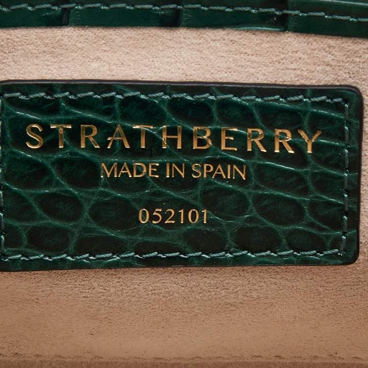 Pre Owned Strathberry Green Croc Embossed Leather Nano Midi Tote