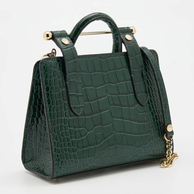 Pre Owned Strathberry Green Croc Embossed Leather Nano Midi Tote