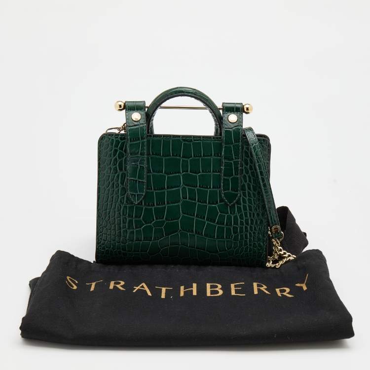 Pre Owned Strathberry Green Croc Embossed Leather Nano Midi Tote