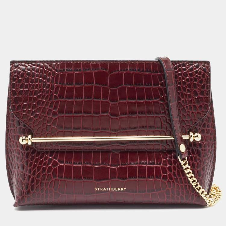 Pre Owned Strathberry Burgundy Croc Embossed Leather Stylist Shoulder Bag
