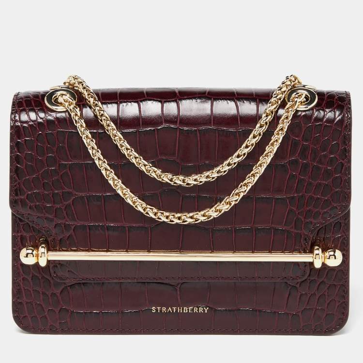 Strathberry Burgundy Croc Embossed Leather Mini East/West Shoulder Bag ...