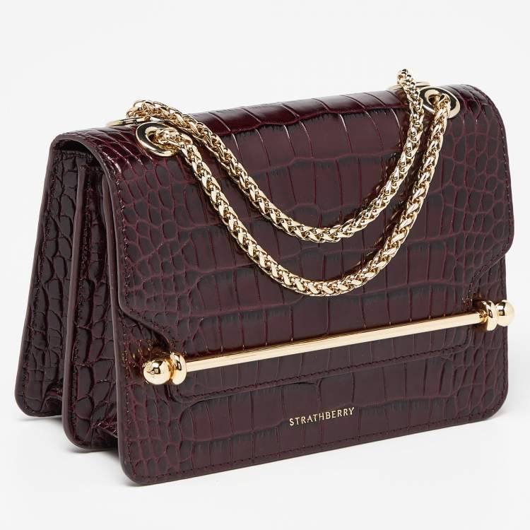 Pre Owned Strathberry Burgundy Croc Embossed Leather Mini East/West Shoulder Bag