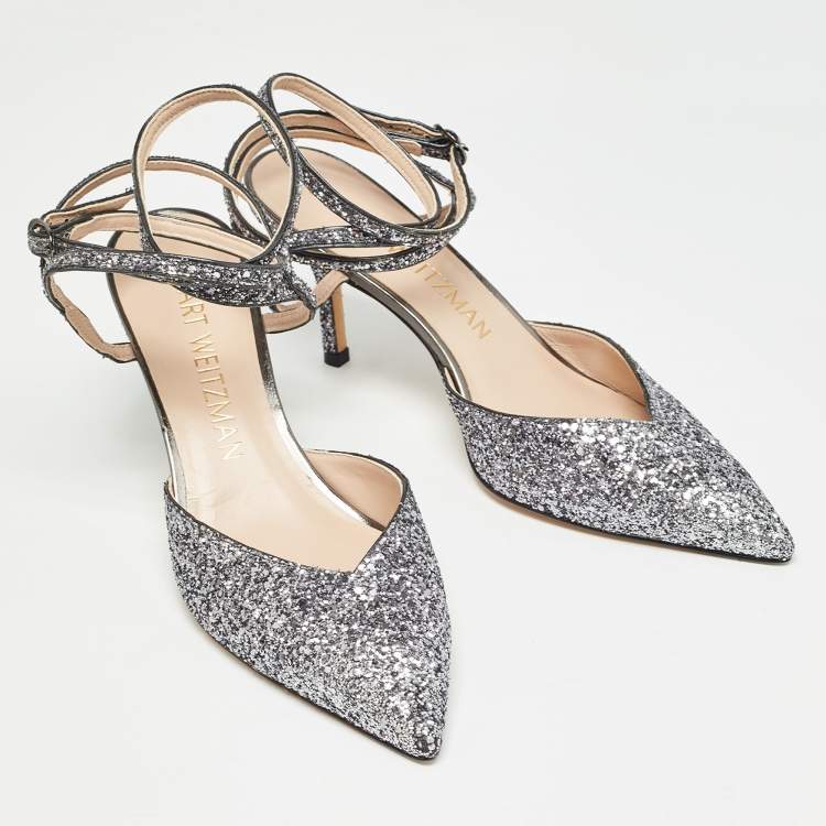 Pre Owned Stuart Weitzman Grey Coarse Glitter The Revel Pumps Size 40.5