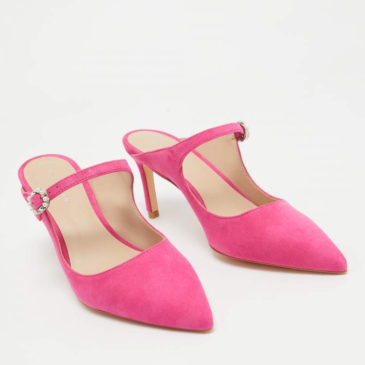 Pre Owned Stuart Weitzman Pink  Suede Dazzle 75 Embellished Mules Size 37