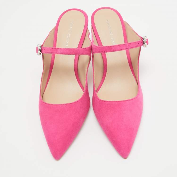 Pre Owned Stuart Weitzman Pink  Suede Dazzle 75 Embellished Mules Size 37