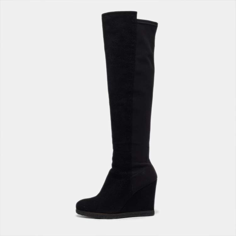 Pre Owned Stuart Weitzman Black Fabric and Suede Knee Length Boots Size 38
