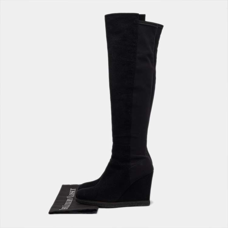 Pre Owned Stuart Weitzman Black Fabric and Suede Knee Length Boots Size 38