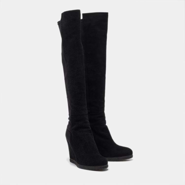 Pre Owned Stuart Weitzman Black Fabric and Suede Knee Length Boots Size 38