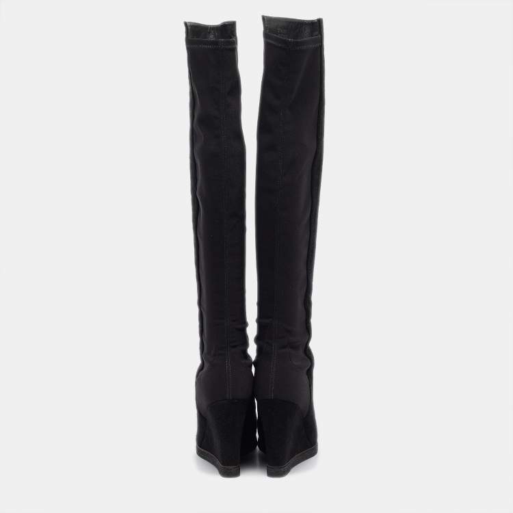 Pre Owned Stuart Weitzman Black Fabric and Suede Knee Length Boots Size 38