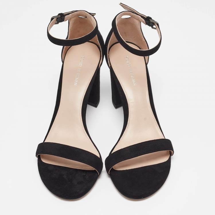 Pre Owned Stuart Weitzman Black Suede Nearlynude Lucite Ankle Strap Sandals 39